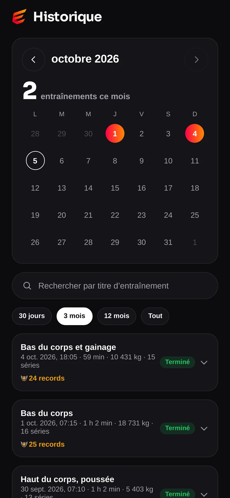 Historique des séances avec les records battus
