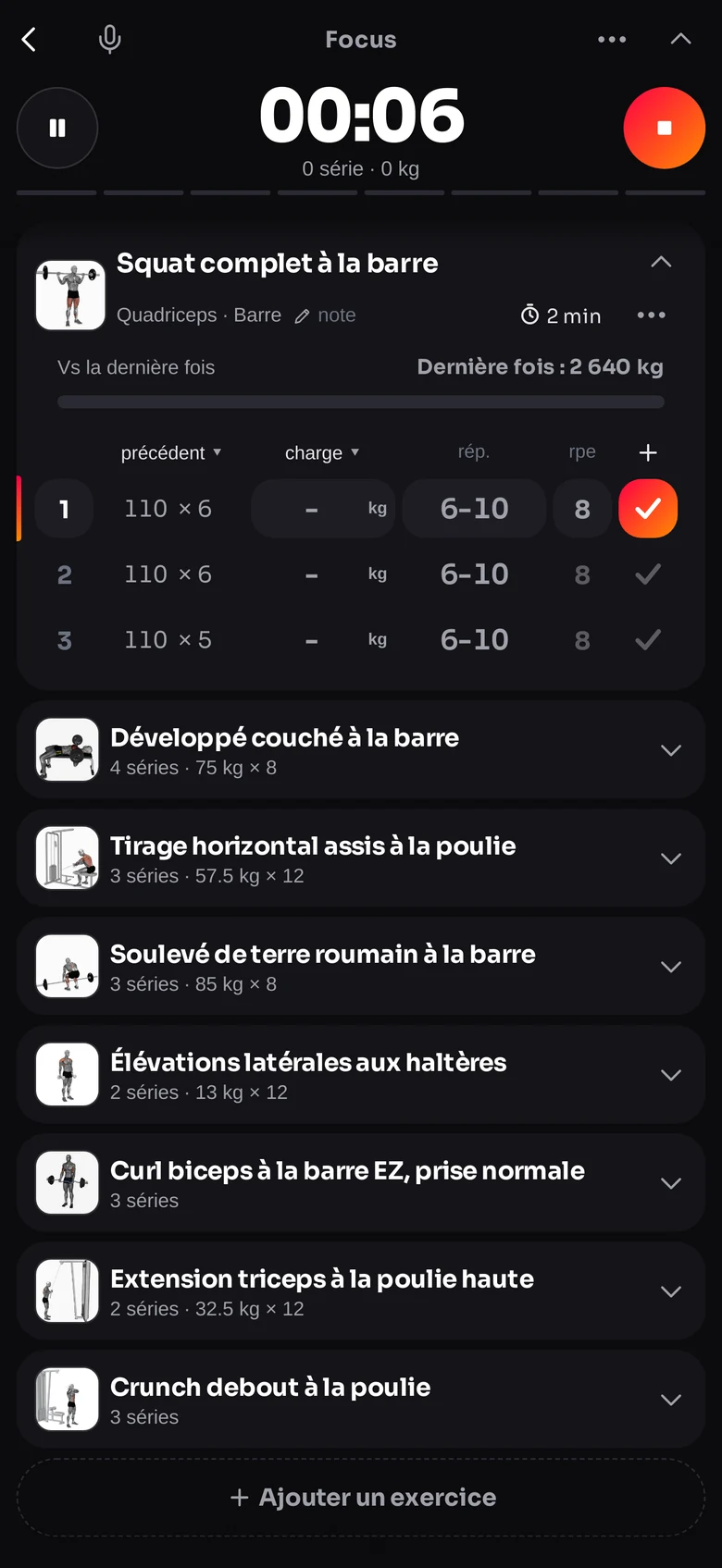 Une séance en cours dans Elevo : séries, charges et répétitions