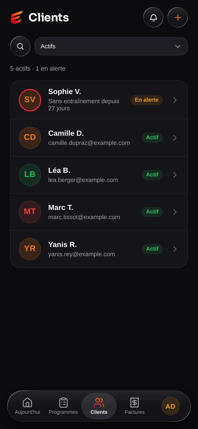 La liste des clients d'un coach, avec les alertes