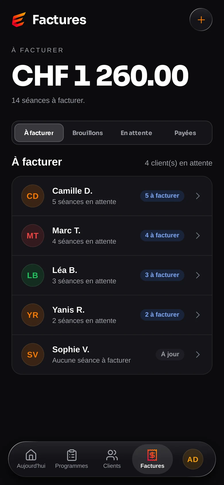 Les factures du mois : encaissées, envoyées, en retard, et les séances qui restent à facturer