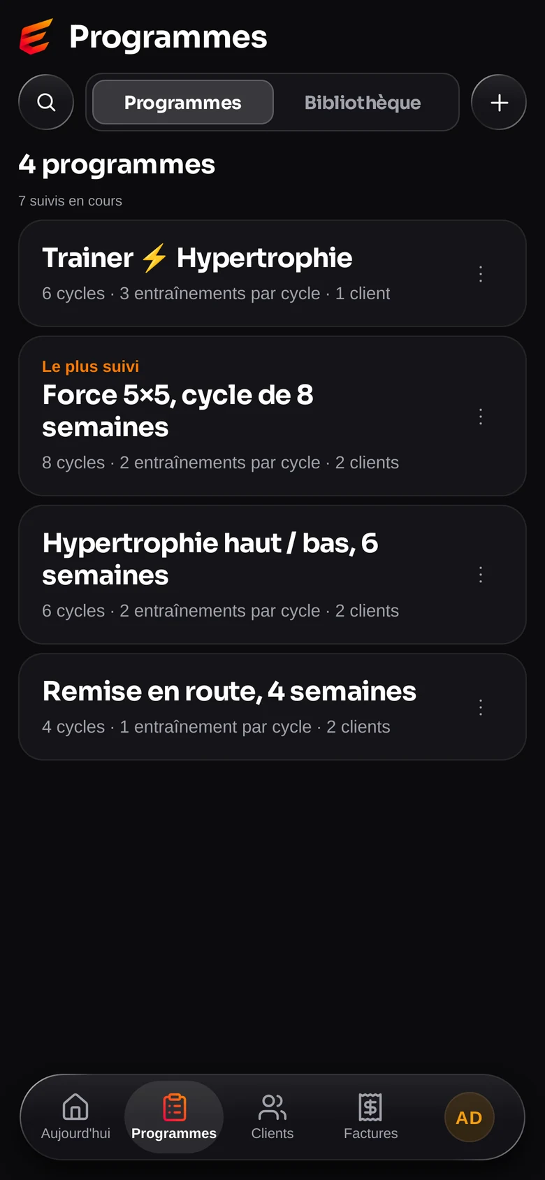 La bibliothèque de programmes, avec leurs cycles et le nombre de clients qui les suivent